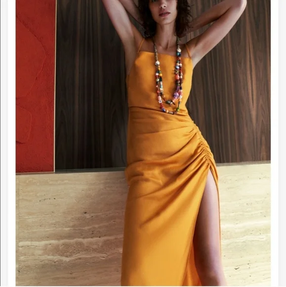 ZARA LONG SLIT DRESS ORANGE RUCHED SIZE XS - Picture 13 of 14